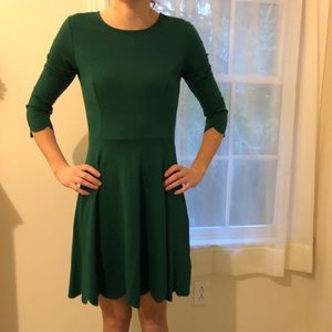 Green Scallop Hem Long Sleeve A-line dress